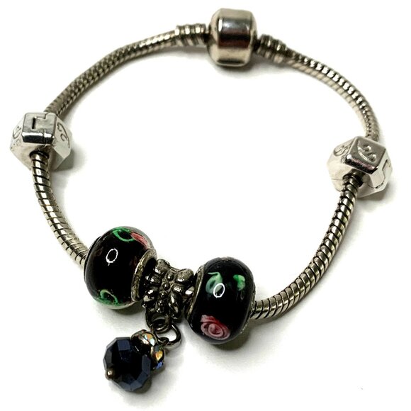 925 Silver 7” Bracelet 2 Glass Beads Dangling Charm & Ball Clasp - Picture 2 of 8